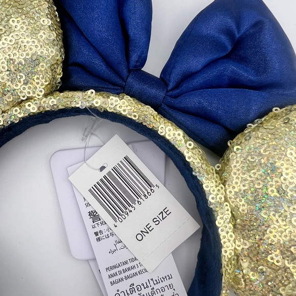 Disney World 50th Anniversary Gold Sequin Blue Satin Minnie Bow Ear Headband - Picture 10 of 10